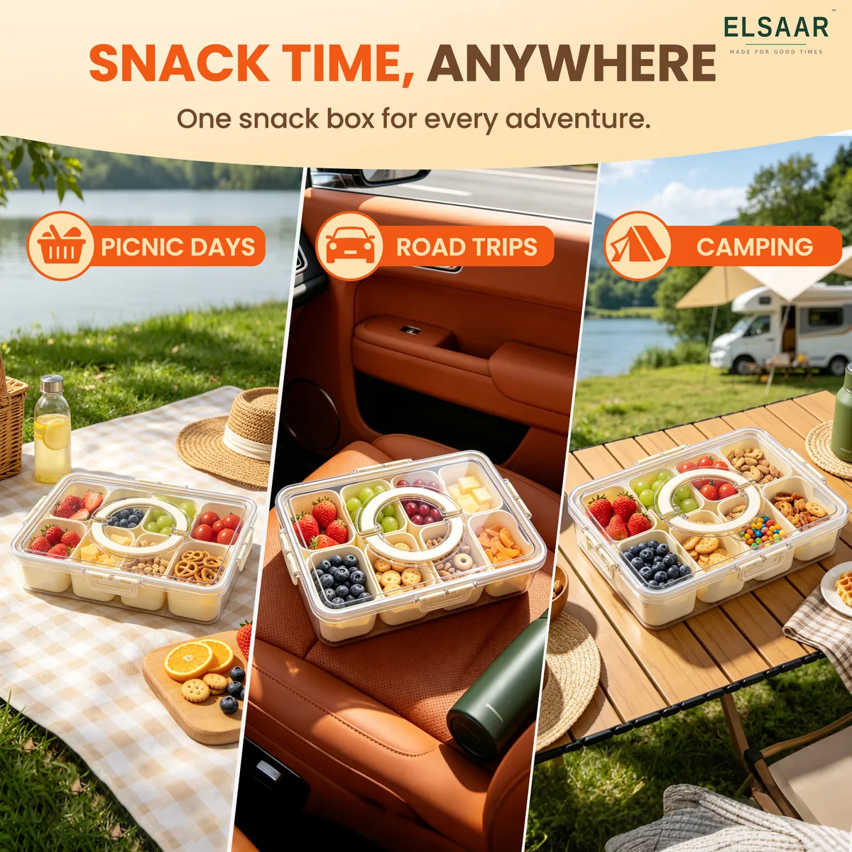 Snackle Box on a picnic blanket, in a car seat and on a camping table